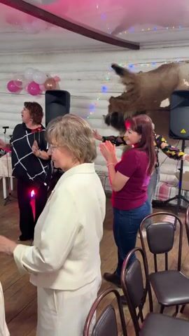 An indoor video captures a lively party or celebration with a group of people of varying ages. The setting is a rustic hall featuring horizontal wooden log walls and a wooden floor. The walls are decorated with several large animal hides, possibly bear or buffalo, adding to a natural, lodge-like ambiance. Pink and white balloons, along with string lights (some red, some multi-colored), create a festive atmosphere.

In the foreground, a man in a dark suit with a red bow tie is actively filming the event with a smartphone mounted on a gimbal stabilizer. He smiles as he captures two young girls, one in a light blue dress and another in a light-colored dress, dancing joyfully in the center, holding hands.

Throughout the video, various adults are seen mingling, watching, or moving to the music. Several women are dancing and clapping, including one in a black and white top and another in a red top. In the background, tables draped with white tablecloths are set with food, drinks, and flower arrangements. The general mood appears joyful and celebratory, with music playing throughout the space. The event takes place during the daytime in Prikamsky, Russia.