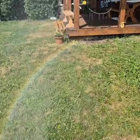 The video shows a backyard scene in a rural setting, likely a dacha in Russia. The main activity is the watering of a grassy lawn by an oscillating sprinkler. The sprinkler is visible at the bottom of the frame, spraying water in an arc across the grass. The water droplets catch the sunlight, creating a faint rainbow effect.

In the background, there are several wooden structures. To the left, a wooden gazebo or covered porch is partially visible, with some outdoor furniture inside. Further back, there are two smaller wooden sheds or outbuildings. The area is overgrown with various plants and bushes, indicating a summer day. The overall impression is one of a slightly unkempt but functional outdoor space, typical of a dacha.

The time of day appears to be daytime, likely late morning or afternoon, given the bright sunlight. The weather seems to be warm and sunny, conducive to outdoor activities and watering the garden. There are no people visible in the frame. The scene evokes a sense of peaceful, domestic activity. There is no visible text in the media file.