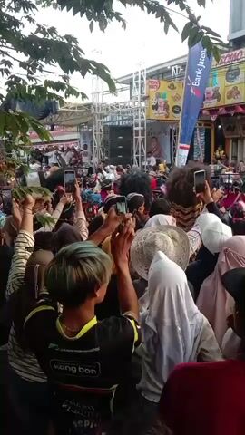 The video shows a crowded outdoor event with a stage set up. A group of people are gathered in front of the stage, many holding up their cell phones to record. The stage has a large speaker system and banners with text and images. One banner appears to advertise a bank. A person in a costume with a large, furry headdress is visible on the stage, facing the crowd. Trees with green leaves overhang the scene. The lighting suggests it is daytime, possibly overcast.