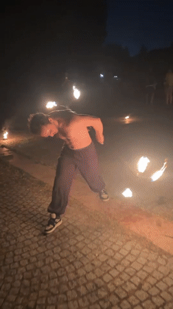 Fire dancers and jugglers practice in Sofia park