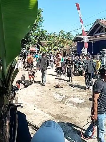 The video shows a crowded outdoor space with people gathered around what appears to be a performance or ritual taking place on a concrete area. Several people in the foreground are partially obscured by a banana plant. People dressed in black are more visible in the center of the frame, and they seem to be involved in the activity. Others in the background wear more casual clothing. A red and white flag is attached to a pole. A few houses and trees dot the perimeter. The sky is clear and blue. The camera is unsteady and moves slightly, but remains focused on the central activity.