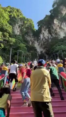 The video shows a large crowd of people climbing a long, steep, brightly colored staircase leading to a cave temple in Malaysia. The stairs are painted with bright colors, primarily pink, red, yellow, and green. Lush greenery covers the steep rock face, and a large opening of the cave is visible at the top of the stairs. People of all ages and ethnicities climb the steps, some wearing casual clothing, while others dress in traditional or religious attire. Some people are carrying bags, while others hold the handrail. The weather appears to be sunny and warm.