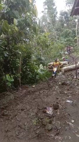 The video shows two people riding motorcycles through a muddy, wooded area while carrying logs. The person closest to the camera is riding uphill. A second person is further up the hill. The ground is covered in mud and debris. Trees and dense vegetation surround the area. A bucket is visible on the right side of the frame, near a log barrier. The sky is overcast.
