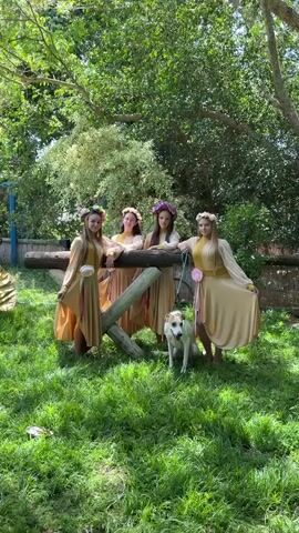 Four young females wearing long, light-colored dresses and flower crowns stand behind a rustic wooden fence in a grassy, wooded area. A white and brown dog sits in front of them. The women are posing for a photo, looking at the camera. The scene is lit by natural daylight.