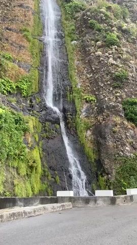 A video captures a tall, narrow waterfall cascading down a steep, rocky cliff face covered in lush green vegetation. The water appears to be flowing from the upper section of the cliff, creating a white, frothy trail as it descends. The cliff itself is rough and uneven, with various shades of gray and brown rock visible. Green moss and ferns cling to the rock, particularly on the left side of the waterfall, adding a vibrant contrast to the stone. At the bottom of the frame, a paved road with a concrete barrier is visible, suggesting the waterfall is located alongside a roadway. The sky above is not clearly visible, but the lighting suggests an overcast or diffused light. There are no people or animals visible in the frame.