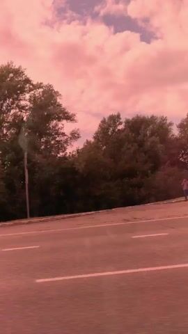This is a shaky, vertical video taken from a moving vehicle. The scene is dominated by a pink-tinted sky filled with white clouds. Below the sky is a line of green trees. In the foreground, there is a paved road with white lane markings. A metal guardrail is visible between the road and the trees. A tall, thin pole with a light fixture on top stands among the trees. The video appears to be edited with a filter.