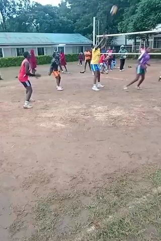 The video shows a group of people playing volleyball on a dirt court. There is a net in the middle of the court, and players are positioned on both sides of the net. The players are wearing various colored athletic wear, including red, purple, and yellow. Some players are running and jumping, while others are standing and watching. One player in a purple jersey jumps and spikes the ball over the net. The surrounding environment includes trees, a building in the background, and some grass.