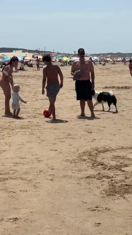 This media file captures a lively scene on a sandy beach. The primary subjects are a group of people and a dog enjoying a day out. In the foreground, a woman in a pink bikini is interacting with a toddler dressed in white. A young boy in patterned swim shorts stands nearby, and a man wearing a black cap and swim shorts is also present. A black and white dog is moving around the group.

The setting is a beach with a clear blue sky and scattered clouds, indicating fair weather and likely daytime. The sand is light brown, and in the background, there are numerous beach umbrellas and people relaxing, suggesting a popular and busy beach. The presence of the ocean is implied by the beach setting, though not directly visible in this frame.

The activity appears to be a casual family outing. The presence of a red ball near the boy and the way the people are gathered suggest they might be playing or preparing to play. The overall mood seems relaxed and happy, with people enjoying a sunny day at the beach. The image does not contain any visible text. The location is identified as Costa da Caparica, Portugal, which is known for its extensive sandy beaches.
