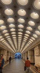 Moscow metro station: grand vaulted corridor, platform life