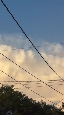 The video shows a view of the sky with several power lines crisscrossing the frame. Below the power lines, the tops of trees are visible. The sky is a gradient of blue and yellow, with white clouds scattered throughout. The lighting suggests it is either sunrise or sunset. There are no people or animals visible in the video.