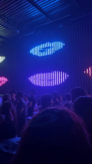 Crowd gathered in dimly lit venue with overhead lighting