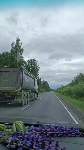 A dashcam view from inside a vehicle shows a grey dump truck driving on a two-lane highway. The truck is in the right lane, moving away from the camera. The road is surrounded by green trees and foliage. The sky is overcast with grey clouds. In the foreground, a cluster of purple lupine flowers is visible on the dashboard. The video is taken from a moving vehicle.