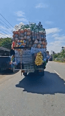 Overloaded truck spotted on Indonesian road near dinosaur statue