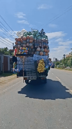 Overloaded truck spotted on Indonesian road near dinosaur statue