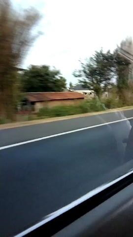 The video shows a view from a moving vehicle. A paved road with a white line is visible in the foreground. To the right of the road, there is a blurry embankment with vegetation and trees. In the background, a building with a red roof and some trees can be seen. The sky is overcast. The camera is angled downwards, suggesting the shot is taken from a side window of the vehicle. The motion blur indicates the vehicle is traveling at a significant speed.