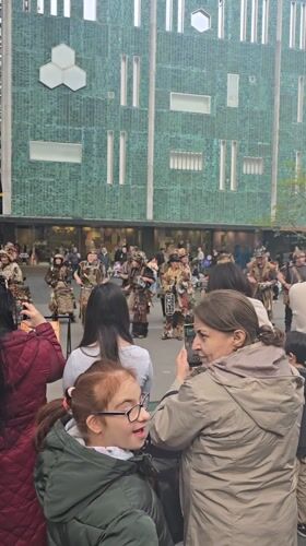 Steampunk street performers entertain families in Eindhoven public space