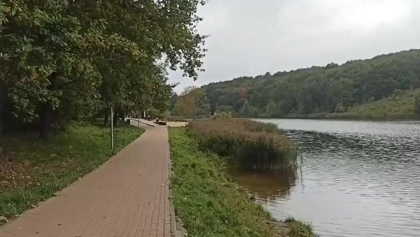 A wide shot pans across a tranquil lake with a paved pathway running alongside it. Trees line the left side of the path, with a few people visible in the distance. The lake is bordered by reeds on the right, and beyond that, a lush green hillside dotted with houses. The sky is overcast, and the overall atmosphere is peaceful and serene.