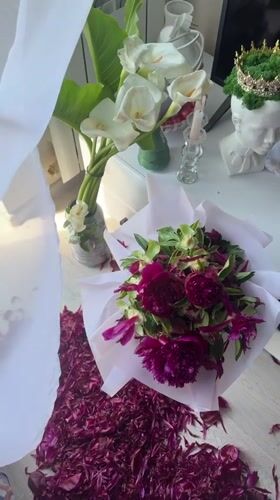 Person scatters magenta peony petals on floor in Vesyoloye
