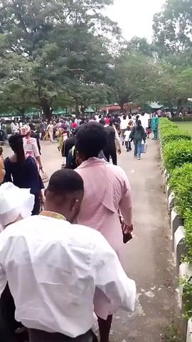 The video shows a crowd of people walking on a paved pathway adjacent to a grassy area with trees. The pathway is bordered by a row of green bushes on one side. The people are dressed in a variety of clothing, and some appear to be in white shirts and dark pants or skirts. In the background, there are more people scattered across the grassy area, and some small structures or tents are visible in the distance. The trees in the background appear lush and green, suggesting a park or campus-like environment. The overall atmosphere seems to be that of a gathering or event taking place outdoors.