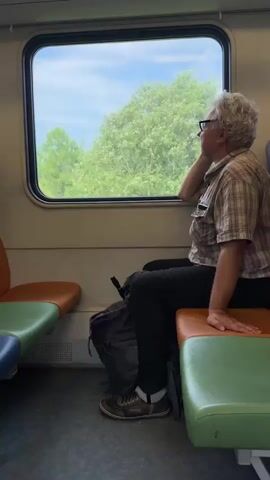 A man with gray, curly hair and glasses is sitting on a train, looking out the window. He is wearing a plaid shirt and dark pants. A backpack is beside him on the seat. The train is moving, and the scenery outside the window is green trees and a cloudy sky. The interior of the train car is visible, showing orange, green, and blue seats. The timestamp at the beginning of the video is 00:00, and the voiceover says, "when I was very bad, it was still there."