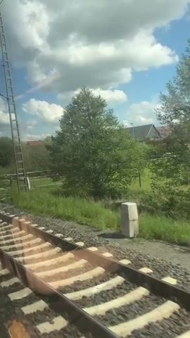 The video shows a view from a train moving along a track. The train tracks are visible in the foreground. Outside the window, there is a field with grass and some trees.  In the distance, there are a few buildings with red roofs. The sky is blue with white, fluffy clouds. There is a black and white sign next to the tracks. A horse is standing in the field in the distance.  The camera moves slightly as the train travels along the tracks.  The sunlight reflects on the train tracks.