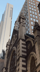 Gothic and modern architecture collide in a New York City skyline shot.