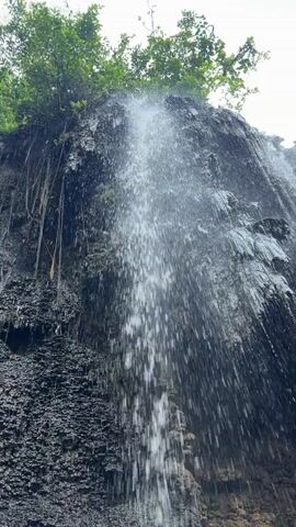 A low-angle shot focuses on a waterfall cascading down a dark, rocky cliff face. Lush green foliage crowns the top of the cliff, with some vines hanging down the side. The water spray creates a blurred effect, and the rocks are wet and mossy. The sky above is overcast.
