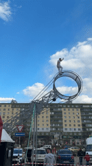 Circus acrobat performs wheel stunts in Dmitrov, Russia