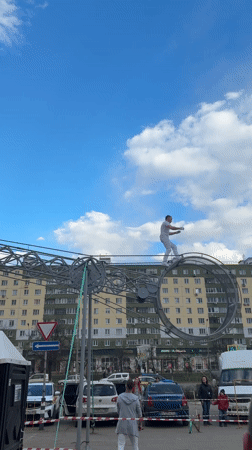Circus acrobat performs wheel stunts in Dmitrov, Russia