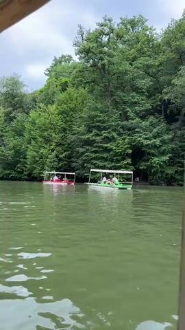 The video shows a body of water with two paddle boats on it, moving away from the camera. The boats are in a lake or pond surrounded by lush green trees on a hillside. The sky is overcast. The first boat, to the left, is red and has at least three people on it. The second boat, to the right, is green and also appears to have at least three people on it. The water is a murky green color and has ripples on the surface. The trees are dense and form a thick canopy, with some lighter patches suggesting sunlight breaking through. The camera appears to be from another boat or a fixed position near the water's edge.