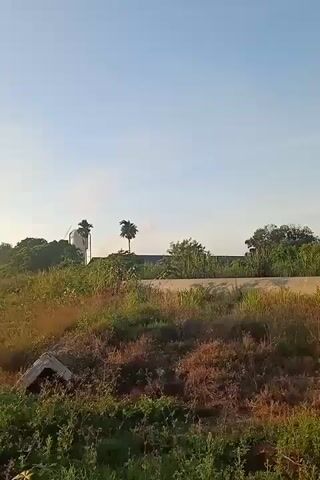 The video shows a rural landscape with a clear sky. In the distance, a factory chimney is emitting smoke. There is also a large industrial crane visible. The foreground consists of overgrown grass and vegetation. The sun is low in the sky, casting a warm light. The camera pans slowly across the scene.