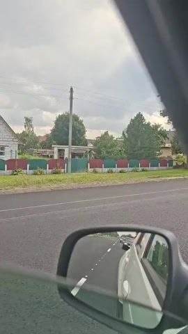 The video, captured from inside a moving vehicle, shows a roadside view under an overcast sky. The perspective is from the passenger side, with the side mirror reflecting the road behind and a portion of the car's interior. The landscape consists of trees, houses, and a fence. On the left side of the road, there's a fence with green and red sections, followed by trees and a building. Further along, more houses and trees are visible, including a green van parked near a garage. Power lines and poles are present in the background. The road appears to be asphalt, with white lane markings visible in the side mirror. The overall impression is a rural or suburban setting.