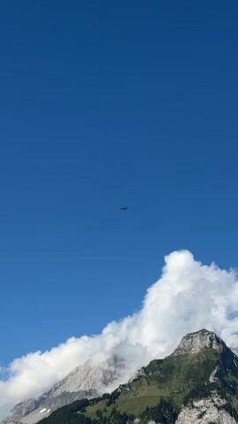 A bird is seen soaring in a clear blue sky over a mountain range. The bird is a small, dark silhouette against the bright sky. The mountains are covered in green vegetation and some white clouds. The camera is pointed upwards, capturing the vastness of the sky and the majestic landscape.