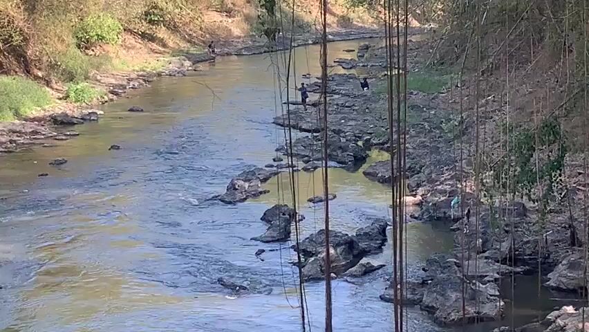 The video shows a wide, shallow river flowing through a natural landscape. The riverbed is rocky, with numerous stones and boulders visible both in and along the banks. The water appears somewhat murky and reflects the surrounding environment. The banks of the river are covered in dry vegetation and trees, with some hanging vines in the foreground adding a sense of depth and texture. There are several people present along the riverbanks, seemingly engaged in activities such as fishing or wading. On the right bank, in the mid-ground, there are at least three individuals, one of whom is standing on a rock near the water's edge and appears to be holding a fishing rod. Further down the bank, another individual is visible. On the left bank, also in the mid-ground, one person can be seen standing near the water. The overall impression is of a rural or natural setting where people are interacting with the river. The lighting suggests it is daytime, possibly late morning or early afternoon, with sunlight casting shadows.