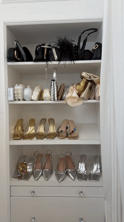 Person organizes metallic shoes and bags in LA closet