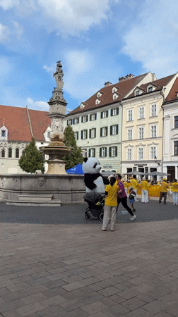 Yellow-shirted group gathers near fountain with panda costume in Bratislava