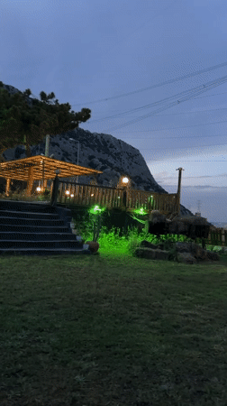 Backyard movie screening shows black and white film at dusk