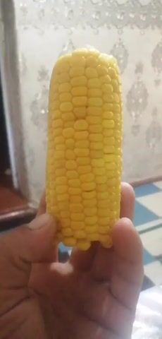 A hand holds a small piece of corn. The corn is bright yellow and appears to be cooked. The background is blurred but shows a patterned curtain and a tiled surface.