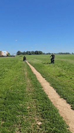 ATV trails, park paths, and apartment buildings on a sunny day