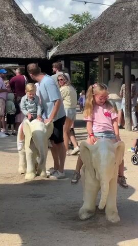 The video opens with a medium shot of two young children riding on two decorative, ivory-colored elephant statues. The child on the left, a boy with blond hair and a grey shirt, is being guided by a man wearing a blue t-shirt and black shorts. The child on the right, a girl with blond pigtails and pink glasses, is riding her elephant independently. Both children are positioned on the elephants' backs. The scene is outdoors, with a sandy ground. In the background, there are thatched-roof structures, similar to those found in a zoo or amusement park. Several adults and other children are visible in the background, some walking and some standing. The lighting suggests it is daytime with bright sunlight. The camera is static for the first few seconds, then begins to pan slightly to the right, following the movement of the girl on the elephant. The overall atmosphere appears to be that of a family outing at a recreational facility.
