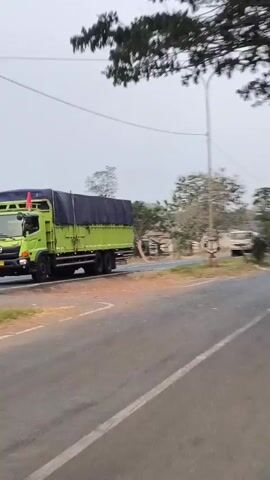 The video shows two green trucks parked on the side of a road. The truck in the foreground is larger and has its tarp covering the cargo. The truck in the background is smaller and appears to be slightly ahead of the first truck. Both trucks are parked on the right side of the road. The road appears to be paved, and there is a grassy shoulder. Trees and bushes are visible in the background, and the sky is overcast. There are utility poles and wires along the side of the road. The scene appears to be a rural or semi-rural area.