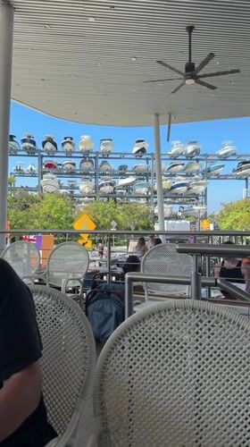 Miami diner enjoys waterfront meal overlooking boat storage facility