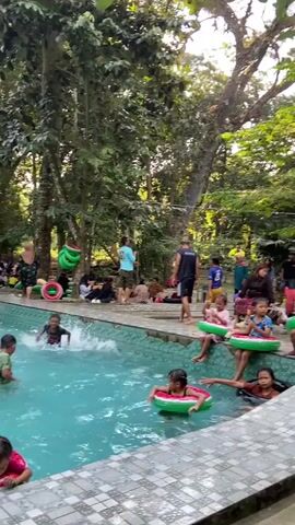The video shows a group of people, primarily children, enjoying a swimming pool surrounded by lush greenery and large trees. Several children are in the pool, some playing with inflatable rings shaped like watermelons. Other people, including adults, are seated around the edge of the pool, watching or resting. The setting appears to be a natural, outdoor environment, possibly a resort or a recreational area. The atmosphere is relaxed and festive, with people engaging in leisurely activities.