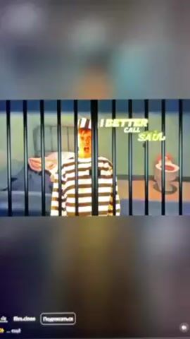 The video shows a montage of scenes related to the television series "Better Call Saul." The first scene depicts a man in a black and white striped prison uniform behind bars. Next is a man in a suit sitting at a desk in an office with a mug that appears to have scales of justice on it. This is followed by a person walking down a street at night, and a man in a blue suit with a patterned tie looking surprised and gesturing with his finger. The scenes are fast-paced and appear to be a promotional clip or fan edit. The video also includes watermarks with the text "film.cinee" and a word in Cyrillic script.