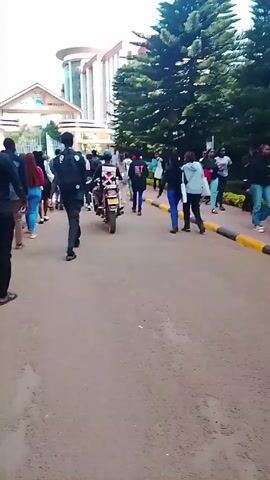 The video shows a crowd of people walking down a paved road towards a building in the distance. The building has "CHUKA UNIVERSITY" written on it. There is a motorcycle with two riders in the middle of the crowd. A large pine tree is visible on the right side of the road. The weather appears to be sunny and the sky is mostly clear. The camera moves erratically, partially obscuring the view at times. The people are dressed in casual clothing.