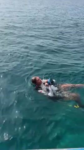 A woman is floating in the ocean, wearing a mask, snorkel, fins, and a white top with a black wetsuit or shorts. She is adjusting her mask. The water is teal and slightly choppy. Someone is counting down "One, two, three."