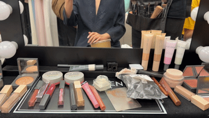 Woman takes makeup station selfie in Paris