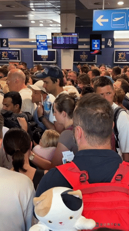Busy airport departure line in Montenegro