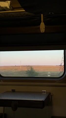 The video shows a view from a train window. The window frame is dark brown and has a rounded corner on the right. A small, dark brown fold-down table is visible in the foreground, with metal hinges and a clasp. Above the table, the interior of the train is dimly lit and appears to be dark brown or black. Outside the window, a landscape is visible. In the first few seconds, a large metal structure resembling a power line tower is on the right, with a flat, grassy field stretching to the horizon on the left, under a pale sky. As the video progresses, the train moves, and the view changes to a line of trees with green and reddish-brown foliage. The sky remains light, suggesting either dawn or dusk. A small, light-colored object, possibly a sign or a small building, is visible in the distance among the trees. The overall impression is of a journey through a rural or semi-rural area during twilight.