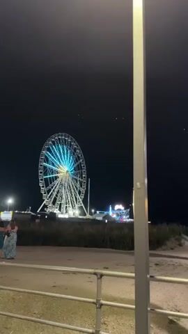A Ferris wheel illuminated with colorful lights stands against a dark night sky. In the foreground, two people are visible, their faces obscured by distance and shadow, standing near a walkway. A metal railing runs along the edge of the walkway. Beyond the people and walkway, tall grass or reeds are present, separating the foreground from the amusement park area where the Ferris wheel is located. Other amusement park attractions, also illuminated, are visible in the background. The overall scene depicts a nighttime view of an amusement park.